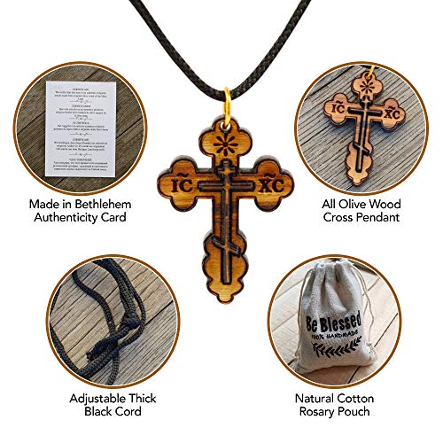 Most Original Gifts AUTHENTIC Bethlehem Olive Wood Eastern Cross Pendant in Natural Cotton Pouch with Christogram - Cross for Men & Women3