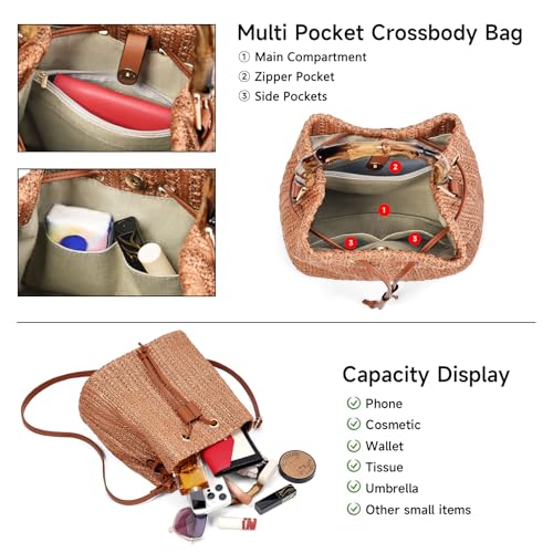 Image of RNIEGA Straw Crossbody Bag Summer Woven Bucket Bags for Women Beach Shoulder Purse Drawstring Handbag Vacation