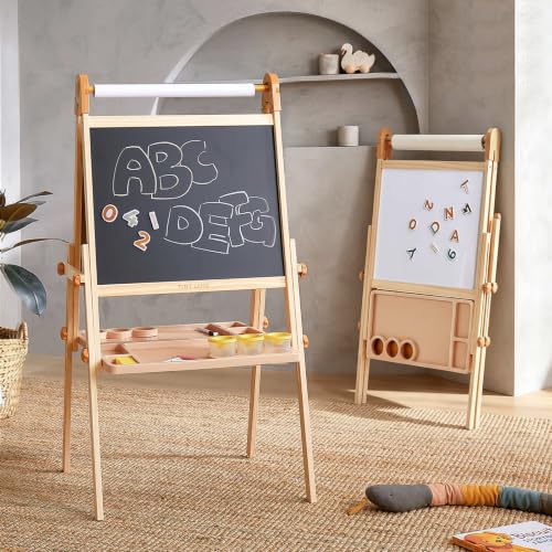Tiny Land Foldable Wooden Art Easel for Kids with Chalkboard & Whiteboard