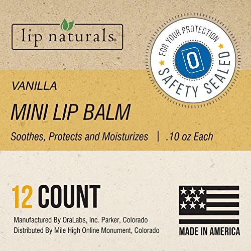 Mini Vanilla Lip Balm with SPF-15 | Made in USA | 12-Count Pack | Vanilla Bean Flavor | Beeswax & Coconut Oil | 0.10oz/3g Each