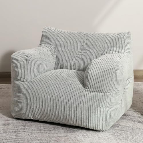 HIGOGOGO Bean Bag Chair Sofa, Big Comfy Chair for Bedroom Living Room, Bean Bag Lazy Chair with Pocket Armrests for Gaming, Reading, Grey