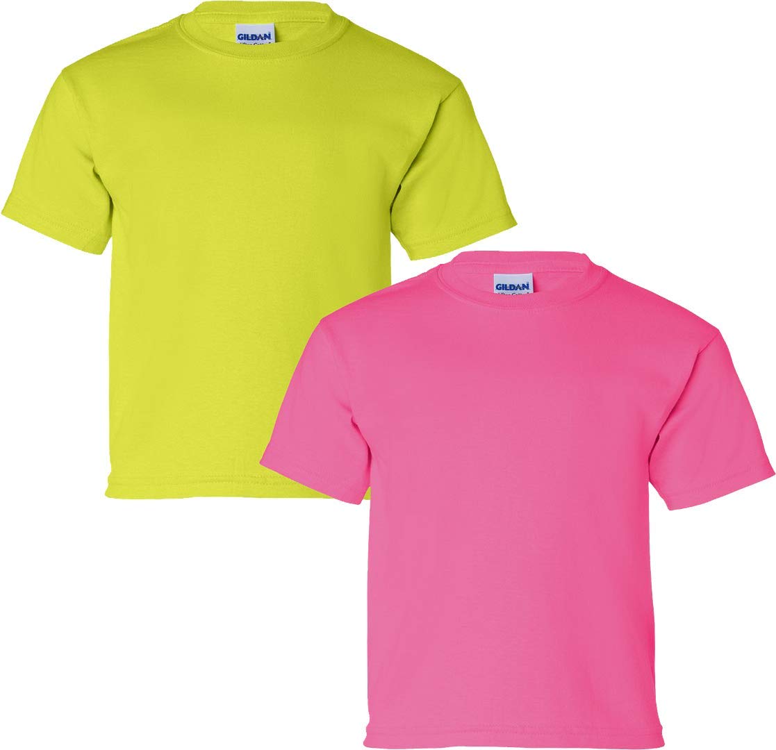 Gildan Kids' Ultra Cotton Youth T-Shirt, 2-Pack MED-SafetyGreen-Heliconia