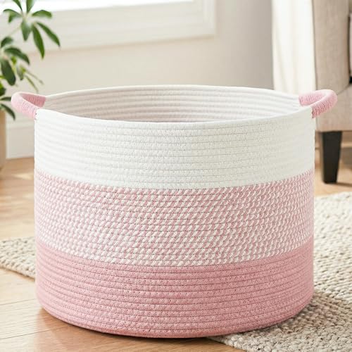 Image of Artfeel 70L Large Cotton Rope Basket, Decorative Woven Blanket Storage for Living Room, Boho Toy Storage & Toy Box for Kids, Versatile Laundry Basket & Nursery Hamper for Blankets(Pink)