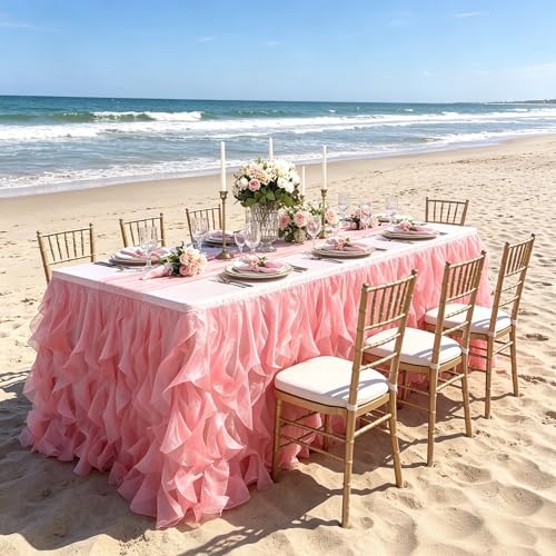 Image of Luxury Organza Mesh Table Skirt Draping Floating Romance - Perfect for Bridal Showers, Birthday Weddings - Clear Flowing Decoration for a Wonderful Main Cake Table (Watermelon Red-6ft, 72 inchLx30 inchH)