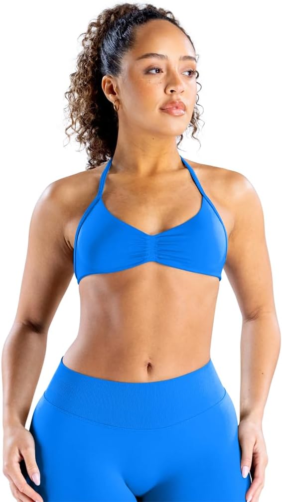 Impact Strappy Bra Backless Halter Sports Yoga Top Women Workout Fitness Gym Outdoor Front Motion Scrunch Tops