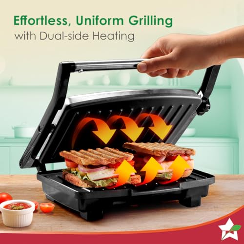 Image of Wonderchef Essenza Contact Grill | 400W | for Thick Sandwiches, Burgers, Patties | Dual-Side Heating | Non-Stick Grill Plates | Oil Collector Tray | LED Indicator | Compact Design | 1-Year Warranty