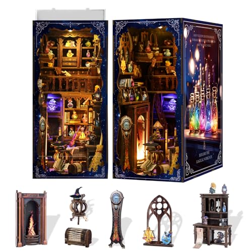 Kangomelon DIY Book Nook Kit Wooden Miniature Magic Potion House Kit 3D Wooden Bookends Miniature House Book Nook Kit for Adults Bookshelf Insert Decor with LED Lights Wood Crafts