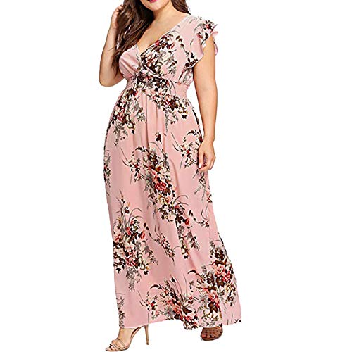 Ansenesna Kleid Große Größen Damen Sommer Blumen Lang Elegant Sommerkleid Für Mollige Frauen V Ausschnitt Kurzarm Kleider Leichte Sommerkleider