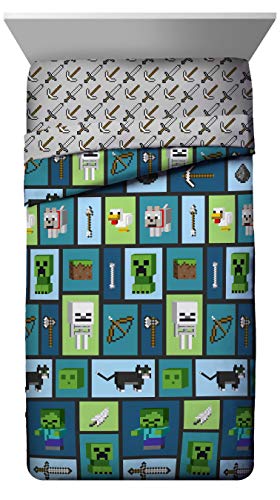 Image of Jay Franco Minecraft Chibi College 5 Piece Full Bed Set - Includes Reversible Comforter & Sheet Set - Bedding Features Creeper & Ghost - Super Soft Fade Resistant Microfiber