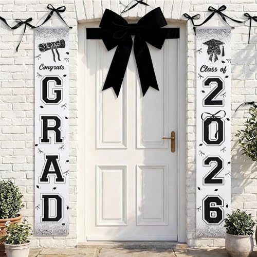 Tegeme Black Bow 2026 Graduation Party Decorations Coquette Congrats Grad Banner Hanging Flags Porch Sign Class of 2026 Grad Porch Banners for High School College Graduation Party