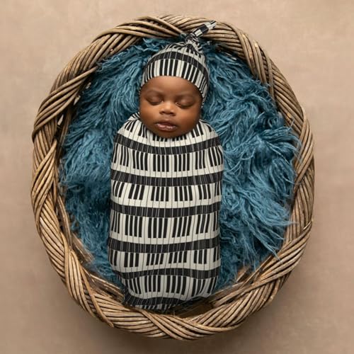 Image of Piano Keyboards with Black Background Newborn Swaddle Blankets Hat Sets Soft Baby Receiving Blanket Swaddle Sack for Baby Shower Infant Boy Girl Gift