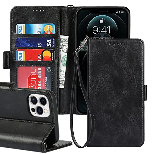 iCoverCase for iPhone 12/12 Pro Wallet Case with Wrist Strap, [RFID Blocking] PU Leather Kickstand Shockproof Case with Credit Card Holder Magnetic Flip Folio Cover Case (Black)