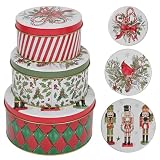 Christmas Metal Cookie Tin with Lid Set of 3 For Gift Giving Vintage Design Small Medium Large Xmas Gift idea for Storing Patisseries, Snack, Chocolate, Easter, Special Occasion, Holidays Doesn't Seal