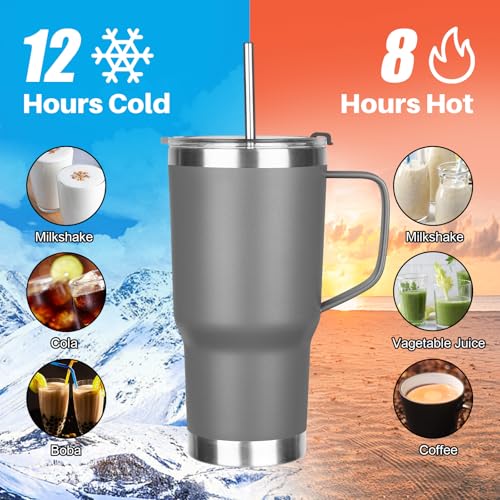 Image of 20 oz Tumbler with Handle, Stainless Steel Insulated Tumbler with Lid and Straw, Double Wall Vacuum Coffee Mug Tumbler, Insulated Coffee Thermal Cup for Cold and Hot (Grey, 20 Ounces)