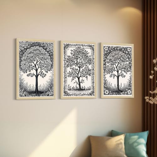 Image of ArtX Paper Monochrome Paintings with Frame for Home Decor Wall Art, Black and White Wall Painting for Living Room, Multicolor, Natural Wood Color Frames, 12.0x18.0 inch, Set of 3