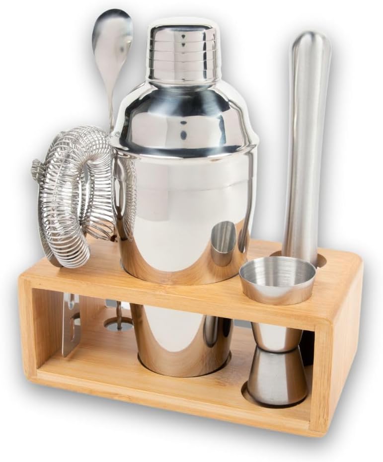 Premium Cocktail Shaker Set with Bamboo Stand, 4-Piece Bar Tools Kit, Stainless Steel Bartender Set with Shaker, Jigger, Mixing Spoon, and Strainer