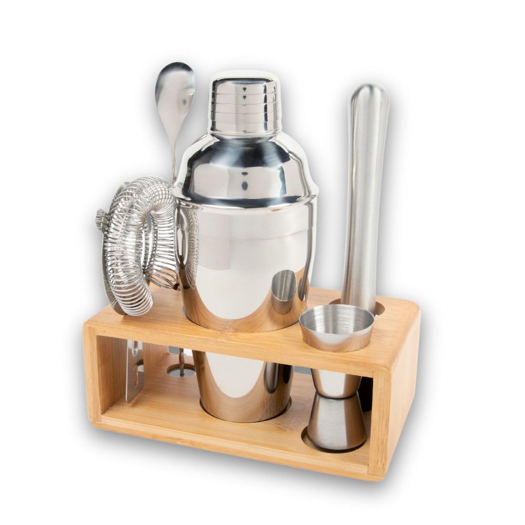 Juego de coctelera de alta calidad con soporte de bambú, kit de herramientas de barra de 4 piezas, juego de barman de acero inoxidable con agitador, medidor, cuchara mezcladora y colador