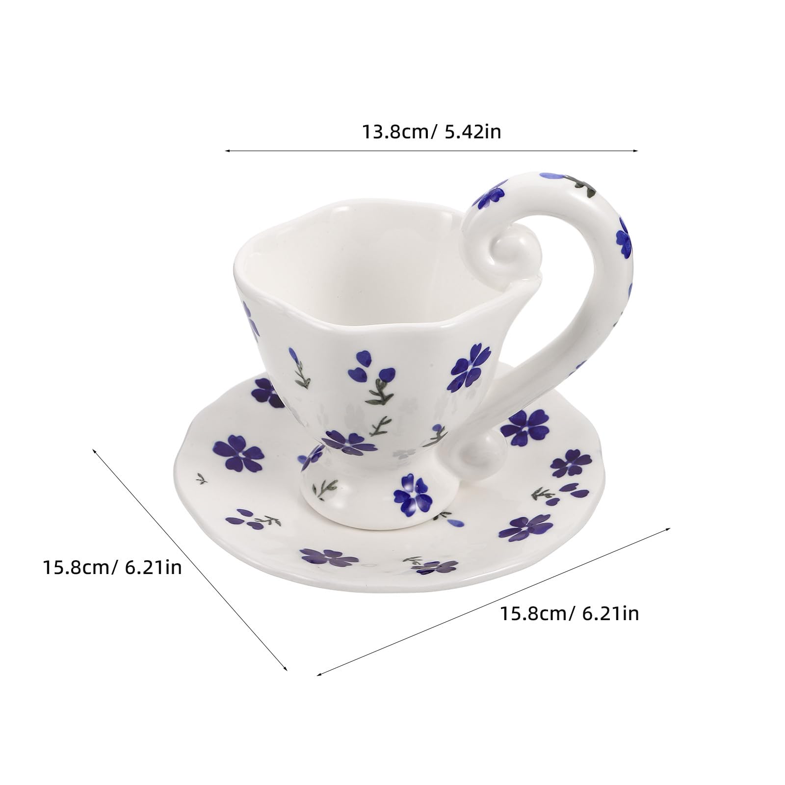 Ensemble de 1 tasse à café en céramique avec soucoupe - Tasses à expresso et soucoupe en porcelaine de 200 ml pour cappuccino et latte - Tasse à thé fleurie avec anse, bleue, idéale