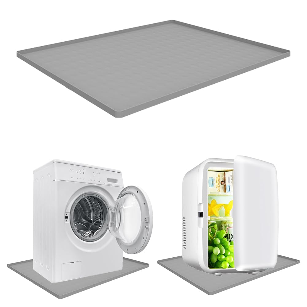 CEWROM Alfombrilla de Silicona para Frigorífico con Borde Elevado, Bandeja Antigoteo Impermeable y Antideslizante, Protección del Suelo contra Agua y Arañazos – Gris