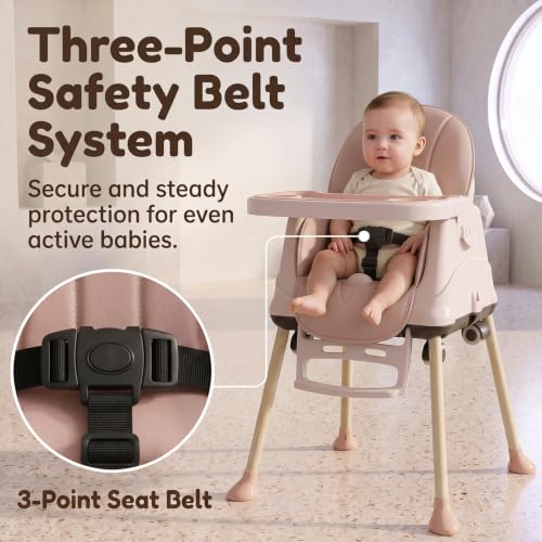 Image of StarAndDaisy 3-in-1 Convertible Baby High Chair with Adjustable Double Tray, 3-Point Safety Harness, Booster Seat & Low Chair, PU Cushion, Steel Frame for Babies & Toddlers (Pink)