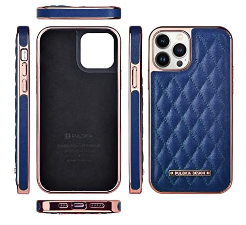 Image of PULOKA iPhone 13 Pro Max Leather Cover Electroplated Back Case Royal Diamond Specially Designed Cover for Apple iPhone 13 PRO Max 6.7 inchinch - Blue