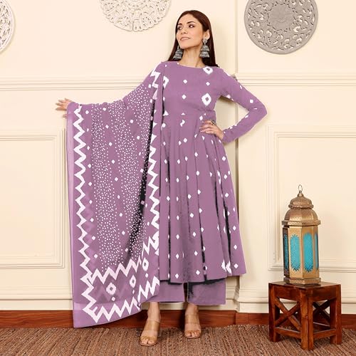 Image of ANNI Designer | Rayon Anarkali Printed Kurta with Pant & Dupatta | Cotton Kurta Set for Women | Stylish Co-Ord Set with Dupatta Ethnic Dress for Women