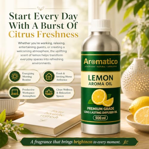 Image of AROMATICO Lemon Diffuser Oil with Strong, Long-Lasting Aroma for Homes, Offices & Showrooms | For Aromatherapy, Diffusers, Air Purifiers, Vaporizers - 500ML