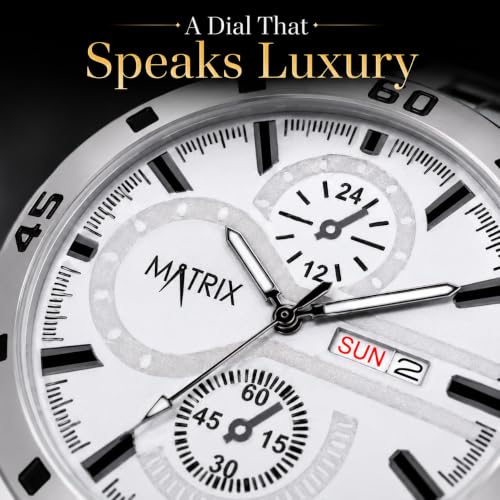 Image of Matrix Superior Analog Watch for Men | Black, Blue, Green & White Dial Stainless Steel Chain Strap Watch | Day & Date Display | Quartz Movement | Stylish Casual & Formal Wrist Watch for Boys & Men