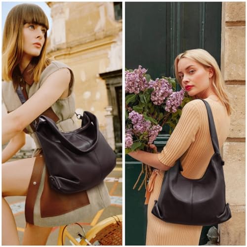 Image of Leather Hobo Crossbody Bag for Women Large Shoulder Hobo Purses Genuine Leather Handbag Coffee