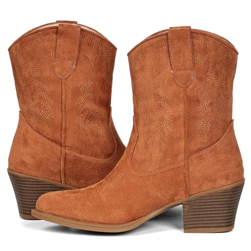 Image of IXU Cowboy Boots for Women Ankle Cowgirl Booties Wide Mid Calf Pointed Toe Western Boots Short Chunky Classic Booties