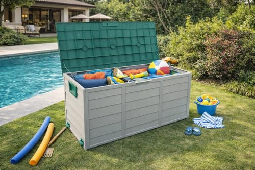 صندوق تخزين ديفونا سعة 290 لتر، سطح تخزين داخلي وخارجي قابل للقفل مع غطاء، مقاوم للماء، تصميم بمظهر خشبي للفناء والحديقة والشرفة وعجلات مدمجة، صندوق سطح (غطاء اخضر)