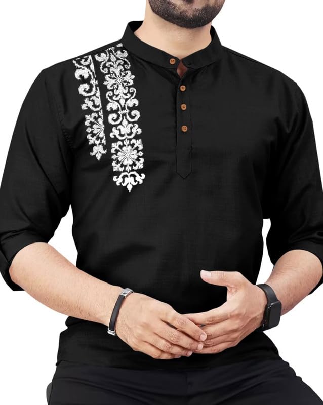 Image of FINIVO FASHION Men's Cotton Blend Kurta Style Shirt | Mandarin Collar Long Sleeve Casual Ethnic Shirt with Button Placket | Stylish Festival
