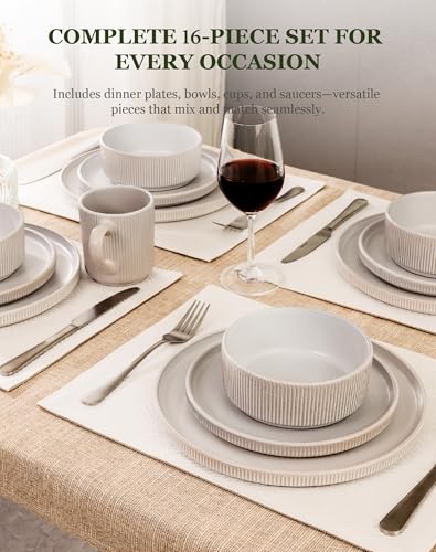 Image of OTAGO 16-Piece Dinnerware Set for 4 with Mugs, Ribbed Stoneware Plates and Bowls Sets, Unique Handcrafted Reactive Glaze, Chip and Scratch Resistant Dish Set, Microwave & Dishwasher Safe, White