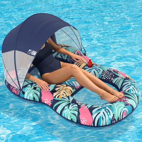 POVRYE Pool Floats Adult with UPF 50+ Sunshade Canopy, Inflatable Pool Floaties Lounger with Headrest Cup Holder Footrest for Tanning Pool Toy Party, Swimming, Lake, Beach, Travel