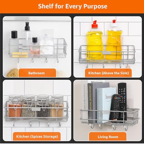 Image of Amazon Basics Self-Adhesive Wall Shelf - No-Drill Multipurpose Bathroom /Kitchen Organizer with Hooks and Towel Holder, Rust Proof GI Steel Organizer | Chrome, 28.2 x 9.8 x 11.5 cm, Pack of 3