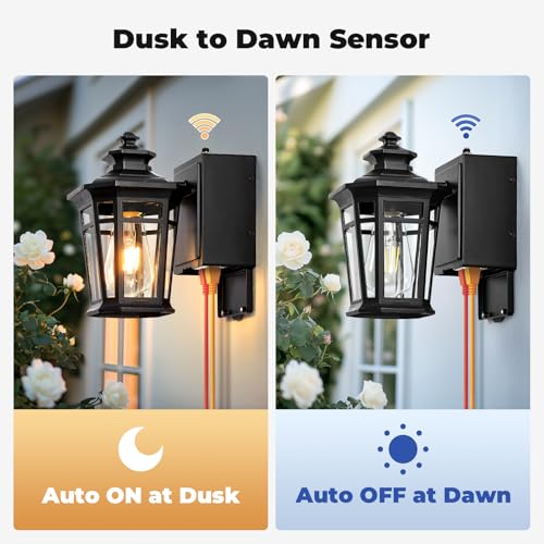 Image of Gleamz Porch Lights with Outlet, Black 2-Pack Dusk to Dawn Outdoor Lighting with GFCI Outlet, 9in H Exterior Light Fixtures Waterproof Anti-Rust, Outside Lights for House,Front Door,Garage,Backyard