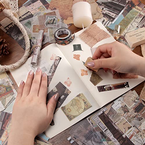 390Pcs Vintage Scrapbook Paper Stickers For Scrapbooking Journaling Supplies Kit With Retro Aesthetic Decorative Craft Papers, Scrapbook Tape, Plant Seal Brown A5 Notebook For Diy Bullet Junk Journal #TOP4