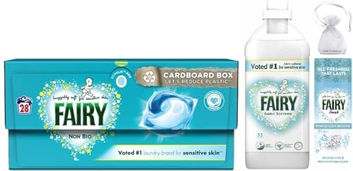 Fairy Non Bio Pods, Washing Liquid Capsules, for Sensitive Skin, 28Pods + Fairy Fabric Conditioner, Original, 33w, 1.155L + Fairy Fresh in Wash Scent Booster Beads, Almond Milk & Manuka Honey, 176gr