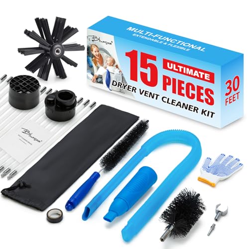 BLuesea Dryer Vent Cleaner Kit, 15-Piece Ultimate Dryer Cleaning Kit Include 30 Feet Dryer Vent Brush, Upgrade Noiseless Dryer Lint Vacuum Attachment, Lint Trap Brush, Vacuum & Dryer Adapters