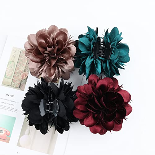 Cinaci 4 Pack Big Large Satin Rose Floral Flower Plastic Hair Claws Clips Bow Barrettes Clamps Bun Chignon Updo Holders Hair Accessories For Women Girls #TOP4