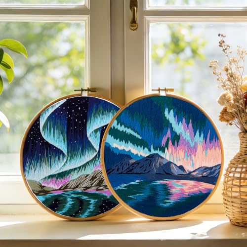 Image of Aurora Borealis Embroidery Starter Kits for Beginners Adults, Stamped Cross Stitch Kit for Adult Beginner, Hand Embroidery Needlepoint Kit, 2 Set Embroidery Supplies, 2 Hoops (Attached Video Tutorial)