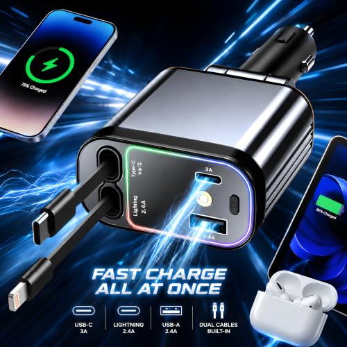 Image of 120W Car Charger with Starry LED Lights, 4-in-1 Retractable Fast Charger with Type-C & Lightning Cables, USB-A & USB-C Ports for iPhone 17 /16 /15, Samsung & Android
