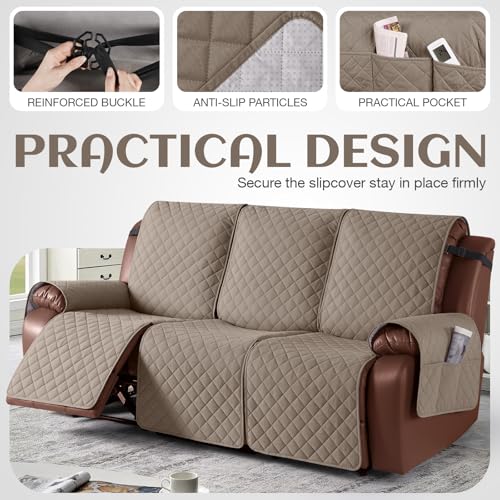 Image of KinCam Waterproof Recliner Sofa Cover, Non-Slip Reclining Couch Covers for 3 Seat, Recliner Couch Cover Furniture Protector with Elastic Straps for Pets, Kids, Taupe