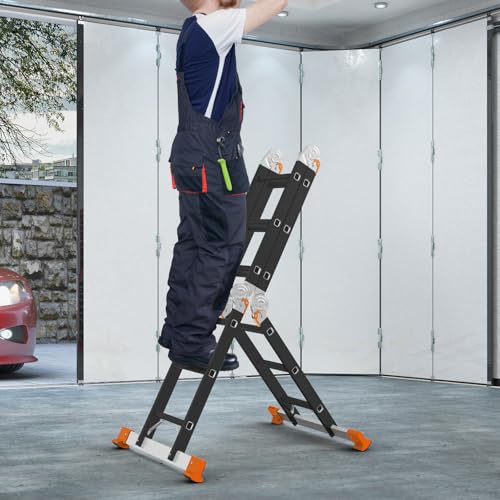 AMHANCIBLE Ladder, Multi-Purpose Folding Ladder, Aluminium Household Ladder With Two Safety Platforms, 4 x 3 Steps, 6-in-1, 340 cm Long, Support up to 150 kg, TÜV/GS certified, Orange UBAL01RN 7 AMHANCIBLE Ladder, Multi-Purpose Folding Ladder, Aluminium Household Ladder With Two Safety Platforms, 4 x 3 Steps, 6-in-1, 340 cm Long, Support up to 150 kg, TÜV/GS certified, Orange UBAL01RN - Image 7