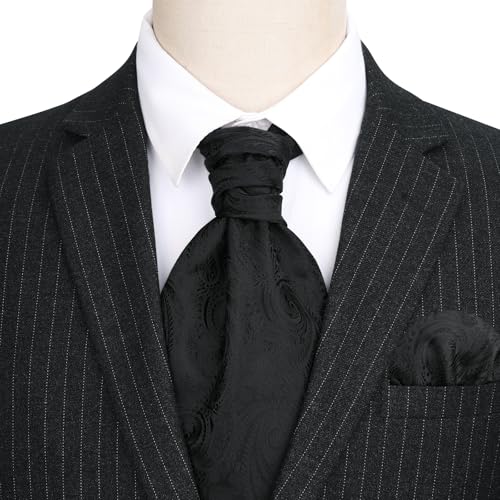 Image of HISDERN Ascot Ties for Men Paisley Floral Ascot and Pocket Square Set Classic Self Tie Mens Cravat Handkerchief for Wedding