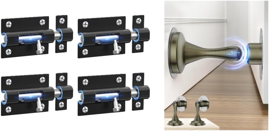 4 Pack Keyless Entry Slide Locks for Inside Outside Door & Door Stoppers Magnetic Door Catch