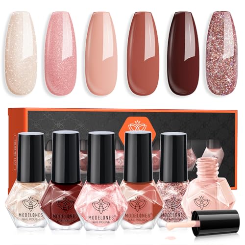 modelones Nail Polish Set 6 Colors, White Brown Nude Burgundy Pink Quick Dry Mini Nail Lacquer Kit, Glitter Shimmer Sparkle Red Nail Art, DIY Home Salon Manicure Gift for Women Girl