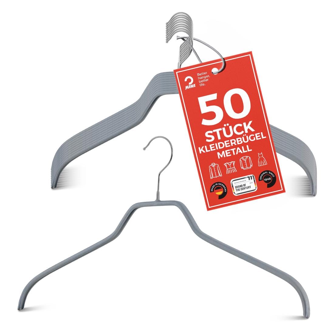 MAWA Kleiderbügel, Set mit 50 platzsparenden und rutschfesten Bügeln, ideal für Hemden und Blusen, mit 360°drehbarem Haken, Antirutschbeschichtung, 41 cm, Silber