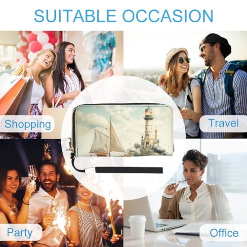 Nautical Lighthouse Leather Wallet Fashion Bifold Purse Long Pouch with Wrist Strap for Men Women 5