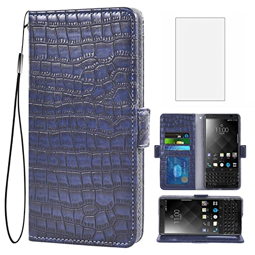 Asuwish Compatible with BlackBerry KEYone Wallet Case with Tempered Glass Screen Protector and Leather Flip Card Holder Stand Cell Accessories Phone Cover for KEY1 Key 1 One BBB100-1 Women Men Blue